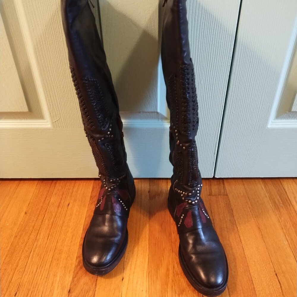 A.S.98 Carlyle Tall boots 38 7.5 Burgundy Black Leather Biker - Picture 2 of 13